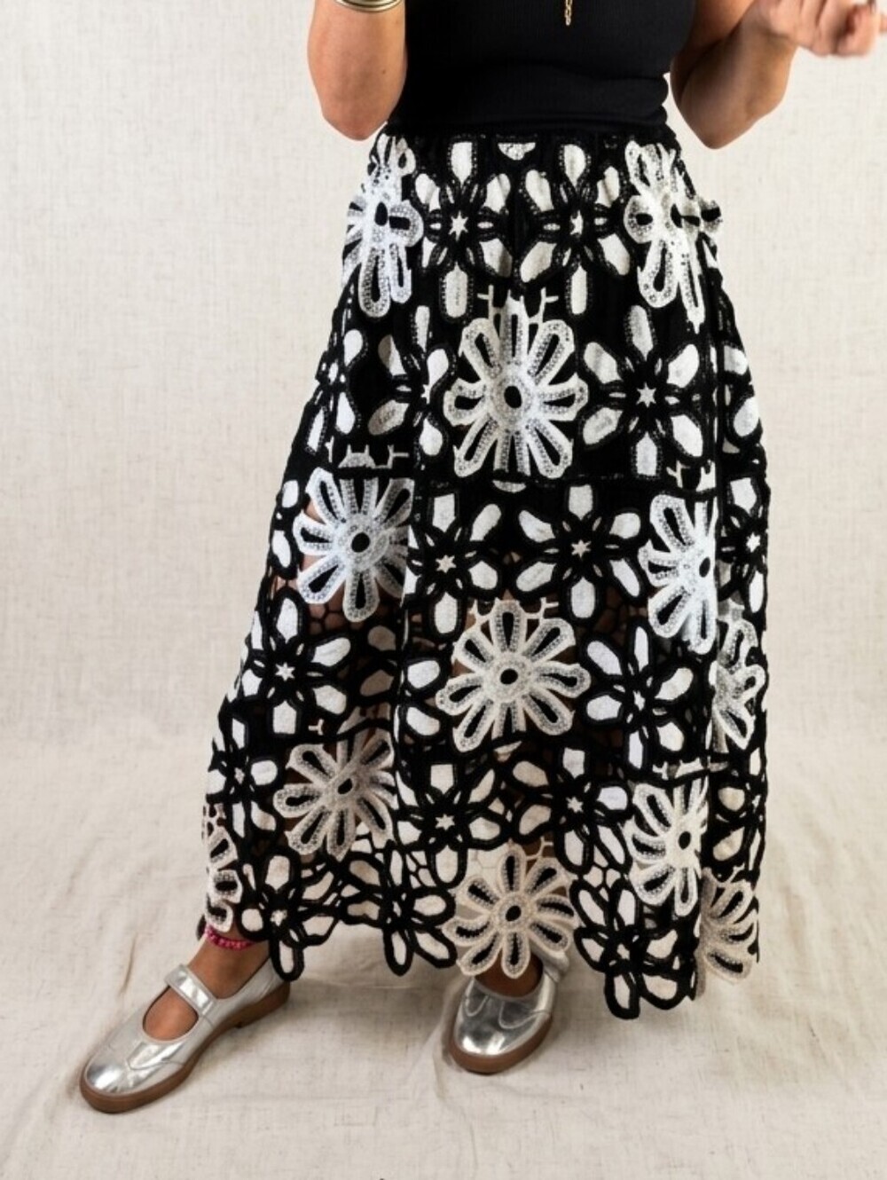 POL 100% Cotton Crochet Lace Floral Maxi Skirt Cut Out Boho Chic Sz.OS Festival